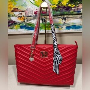 Badgley Mischka Red Chevron Tote with bag charm or purse scarf NWT!!!